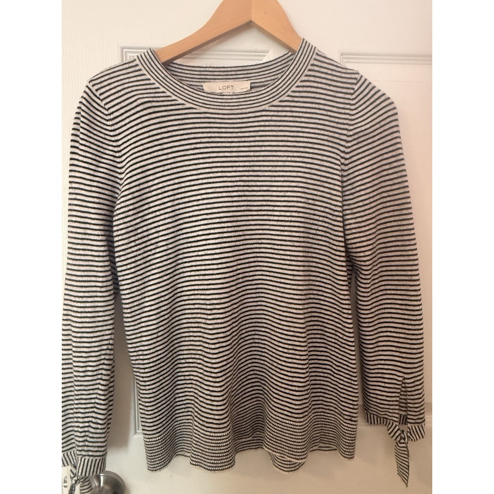 Loft Sweater Womens Sz MP Ivory Black Striped Pullover Long Tie Sleeves MEDIUM P